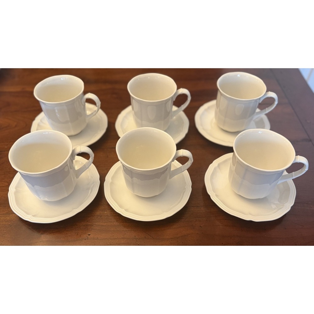 Set of 6 Villeroy & Boch Manoir Coffee Mugs & Saucers 12pc Luxembourg White